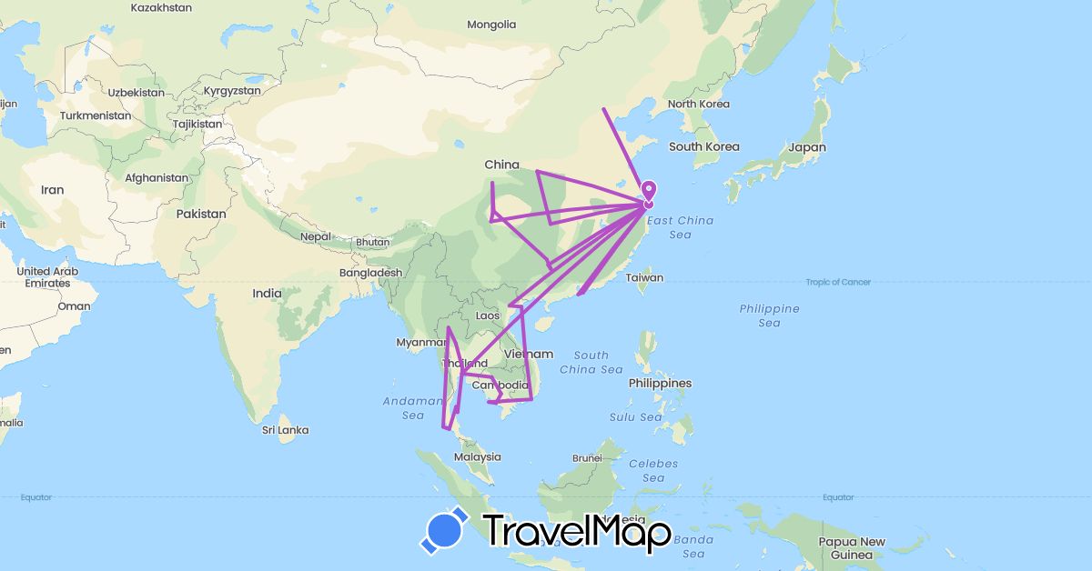 TravelMap itinerary: driving, train in China, Hong Kong, Cambodia, Macau, Thailand, Vietnam (Asia)